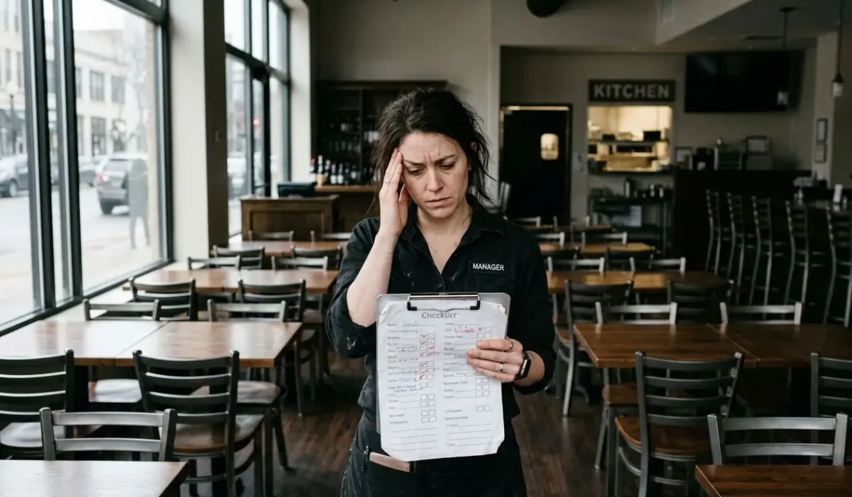 Gestionnaire déprimée dans une salle vide de restaurant, tenant une fiche de contrôle et réfléchissant à son travail. pourquoi personne ne veut travailler en restauration