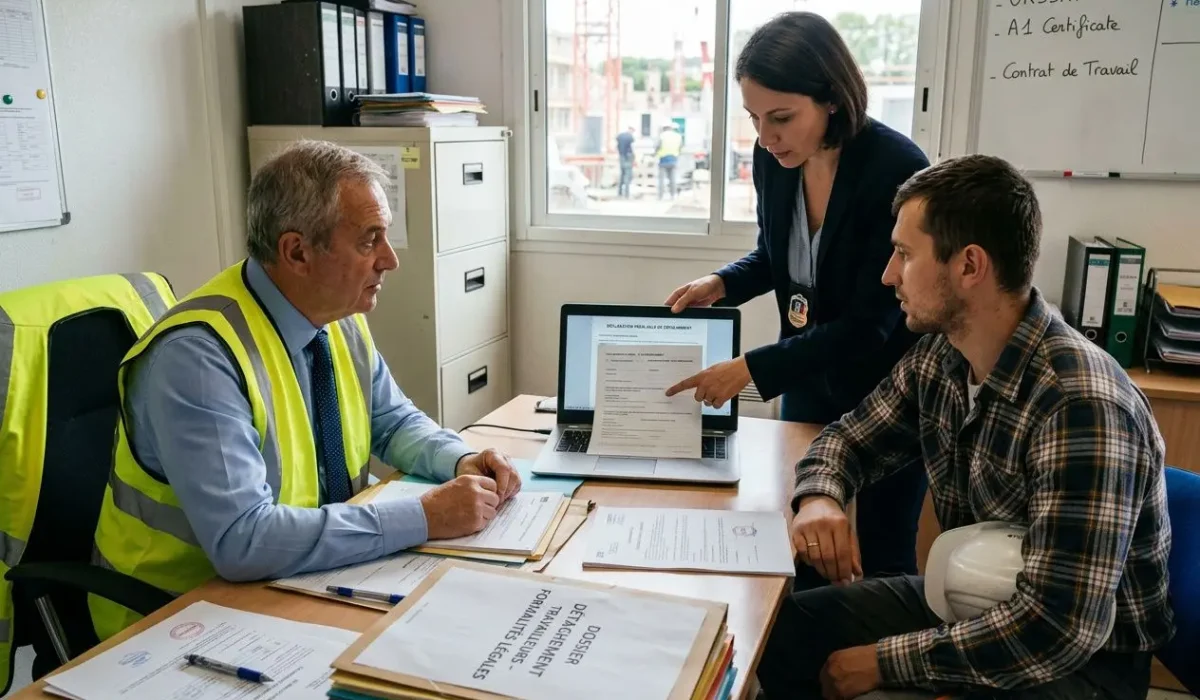 Groupe de trois personnes autour d’un bureau: un homme en gilet jaune examine des documents, une femme montre un écran d’ordinateur, et un homme en chemise à carreaux écoute, dans un contexte de formalités légales travailleurs détachés.