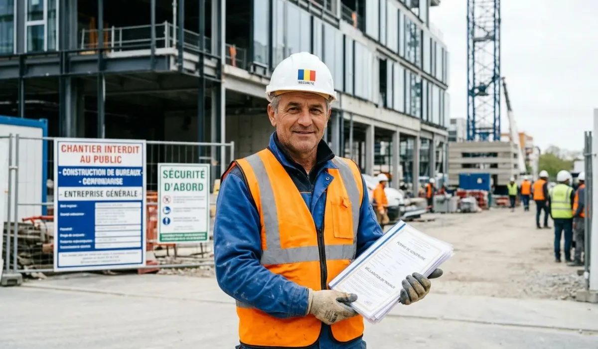 Homme sur un chantier, casque et gilet orange, tenant des documents, près d’un bâtiment en construction, illustration liée à l’hébergement travailleur détaché roumanie.