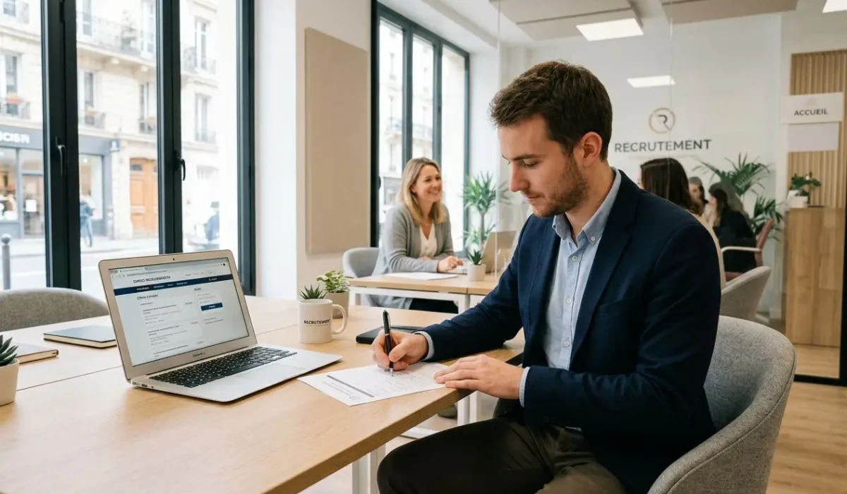Homme en costume remplissant un formulaire sur une tablette à côté d’un ordinateur dans une agence d’intérim, ambiance professionnelle et accueil. inscription boite interim.