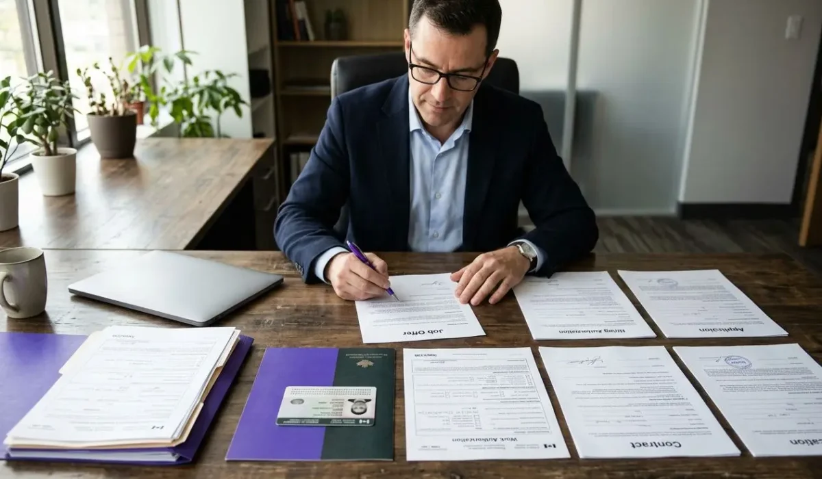 Homme en costume signe des documents administratifs sur une table, dossier et cartouches d’archives autour, dans un espace de bureau. taxe employeur salarié étranger cdi intégrée.