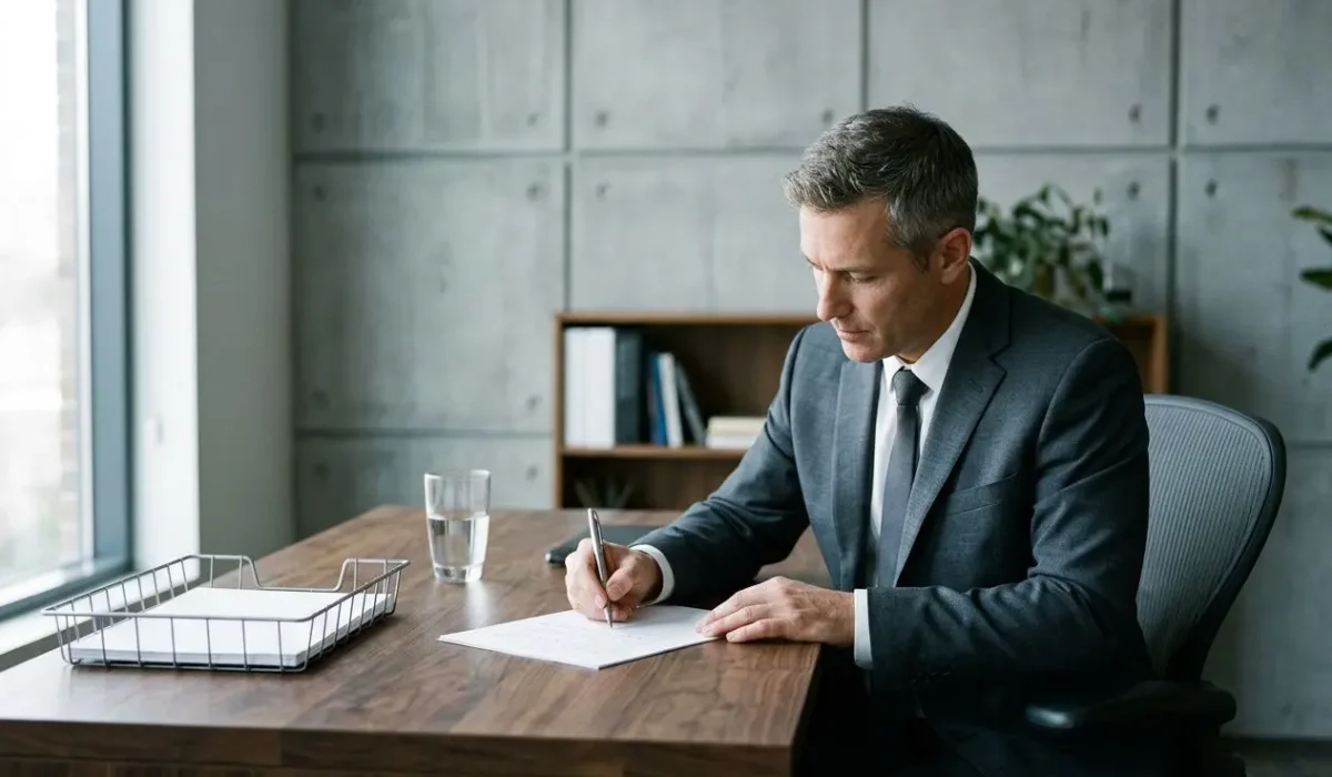 Homme d’affaires en costume signe un document sur son bureau, près d’une fenêtre dans un bureau moderne. Integrating keyword: comment bien choisir agence recrutement.