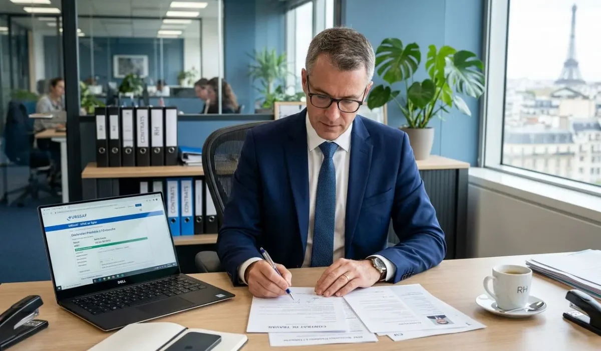 Homme d’affaires en costume signe des documents au bureau, ordinateur portable et tasses à café à proximité, vue panoramique sur Paris. embaucher légalement un travailleur roumain en france