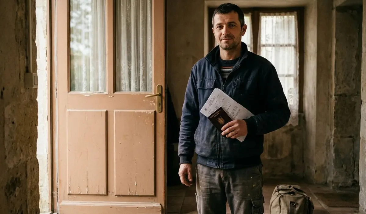 Homme debout dans une habitation en travaux, tenant des documents, près d’une porte entrouverte; sac à dos posé au sol. Hébergement travailleurs roumains france.
