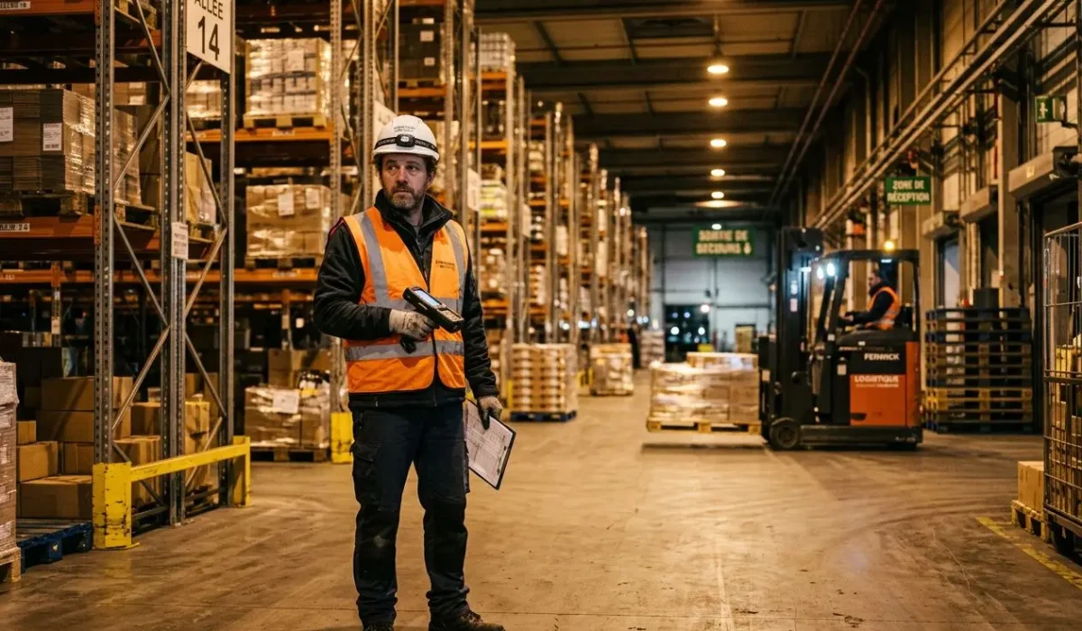 Homme en tenue de sécurité dans un entrepôt, lampe frontale et gilet orange, contrôle des stocks à l’aide d’un terminal près des rayonnages.