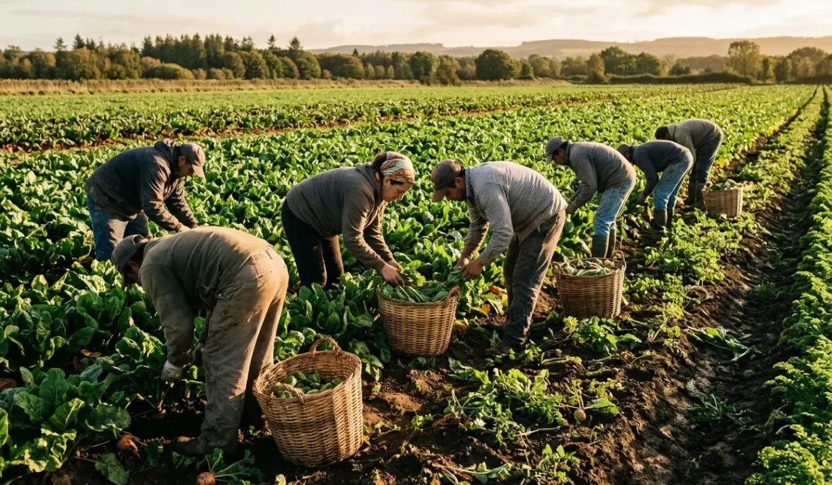 Huit travailleurs agricoles cueillent des légumes dans un champ, chacun avec un panier à ses pieds, sous un ciel clair.