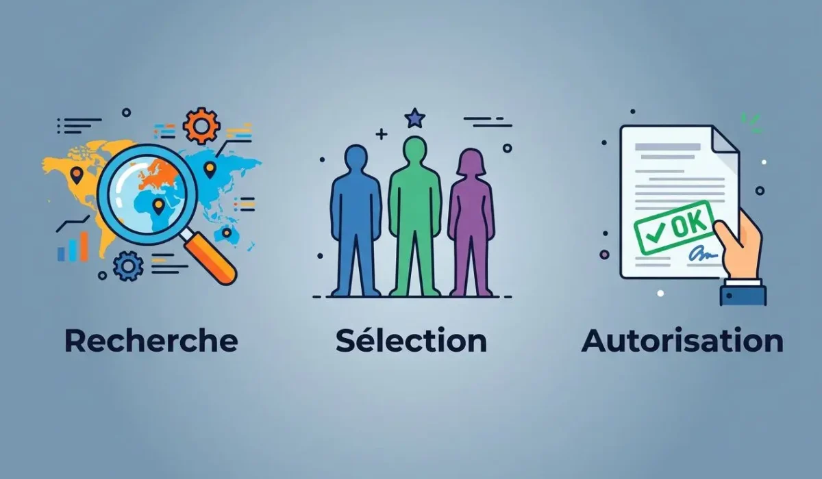 Illustration représentant Recherche, Sélection et Autorisation avec loupe sur une carte, trois silhouettes et un document validé, sur fond bleu.