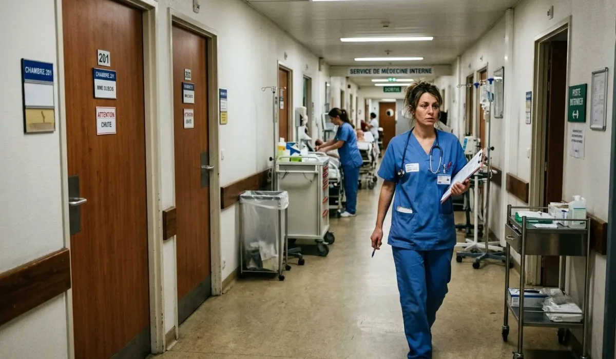 Infirmière en tunique bleue marchant dans un couloir d’hôpital, matériel sur chariot et portes des chambres visibles; illustre la pénurie de soignants en France.