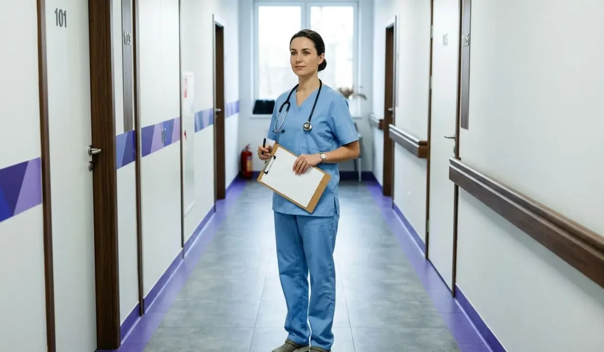 Infirmière en uniforme bleu dans un couloir d'hôpital, carnet et stéthoscope, prêt à gérer des patients, étape du recrutement infirmières secteur santé.