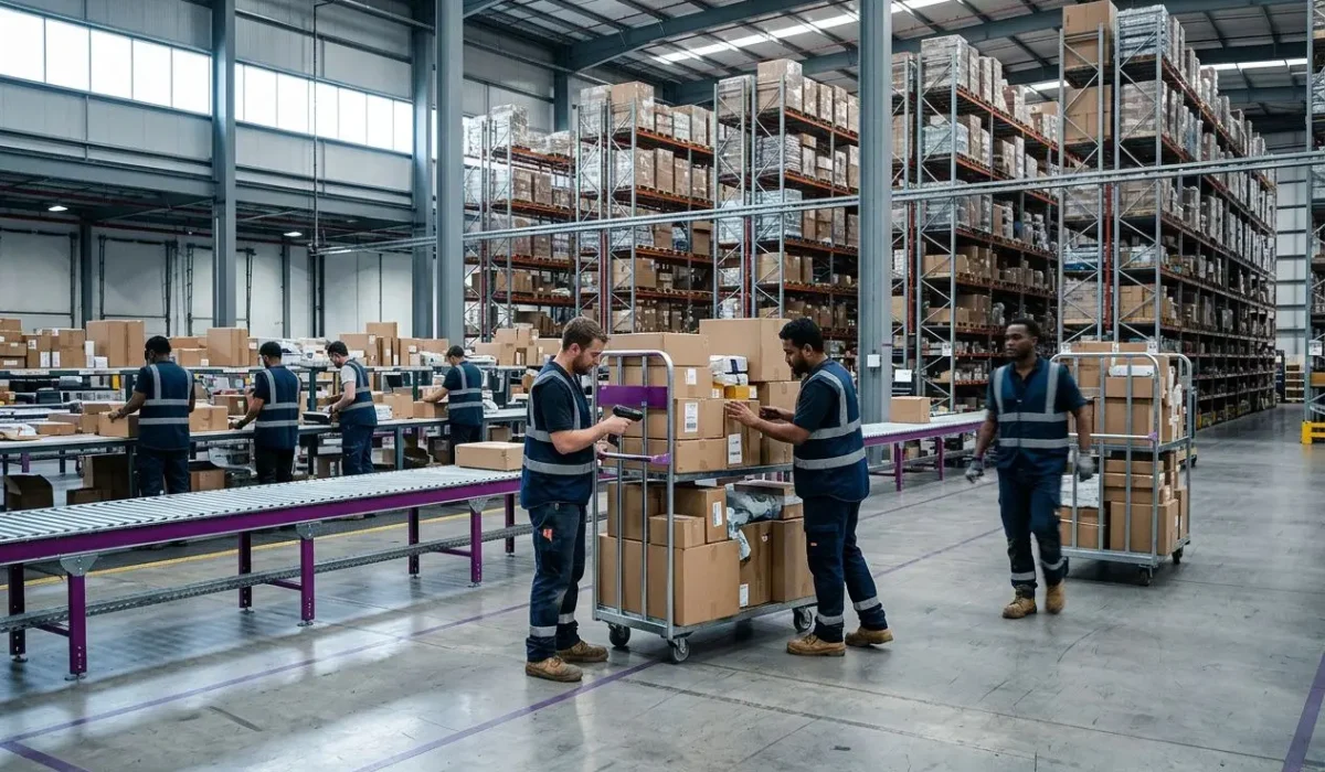 Intérim détaché logistique transport: agents logistiques et manutentionnaires au travail dans un entrepôt, vérifiant colis et préparant des palettes.