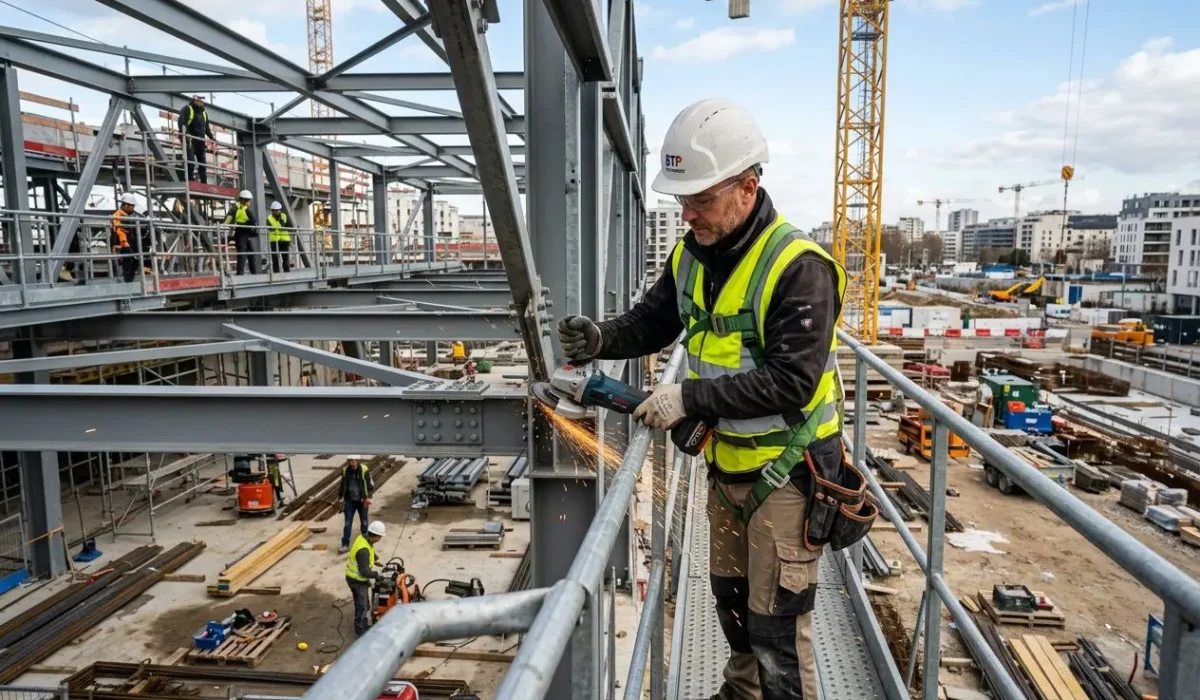 Ouvrier sur un chantier métallique, casque et gilet jaune, travaillant sur une structure en acier avec des machines et gravats autour. pénurie de main-d'œuvre en france est implicitement reflétée par le contexte de travaux.