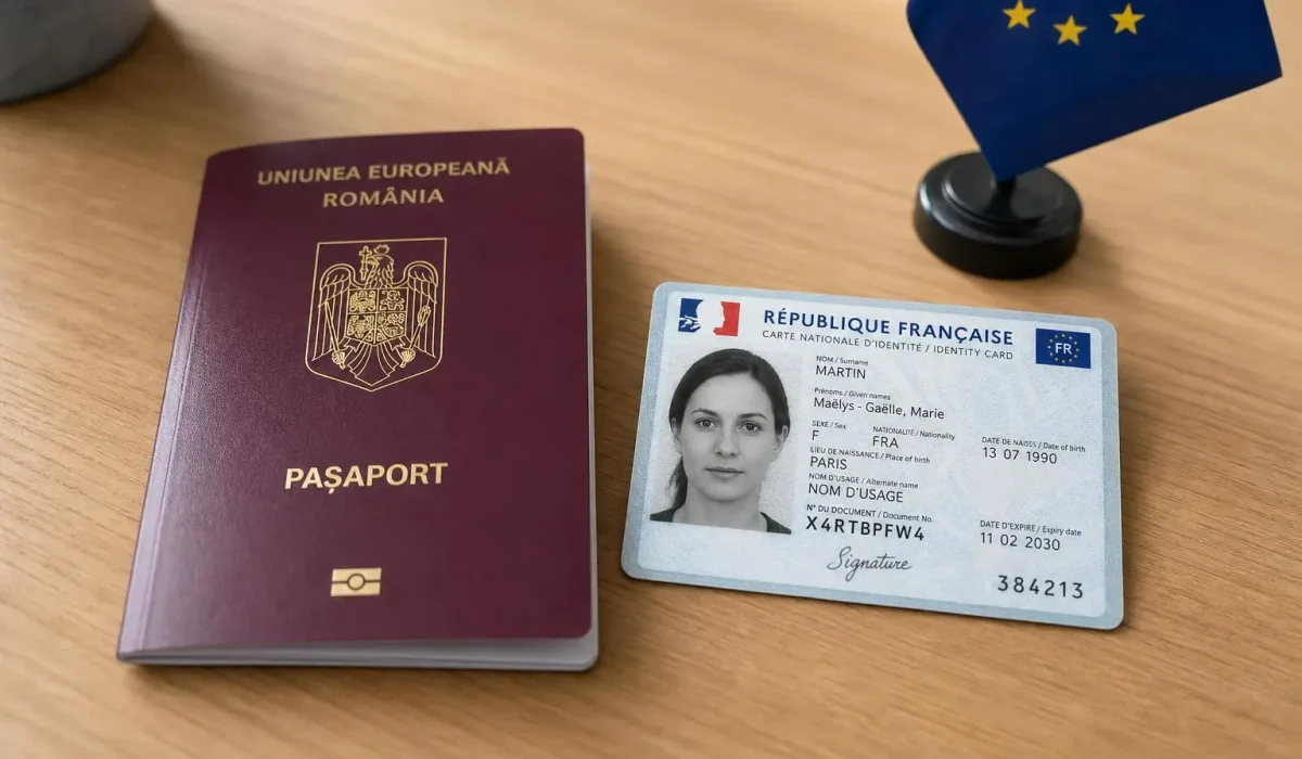 Passeport roumain et carte d'identité française sur fond de drapeau européen, symbolisant les droits des roumains en France.