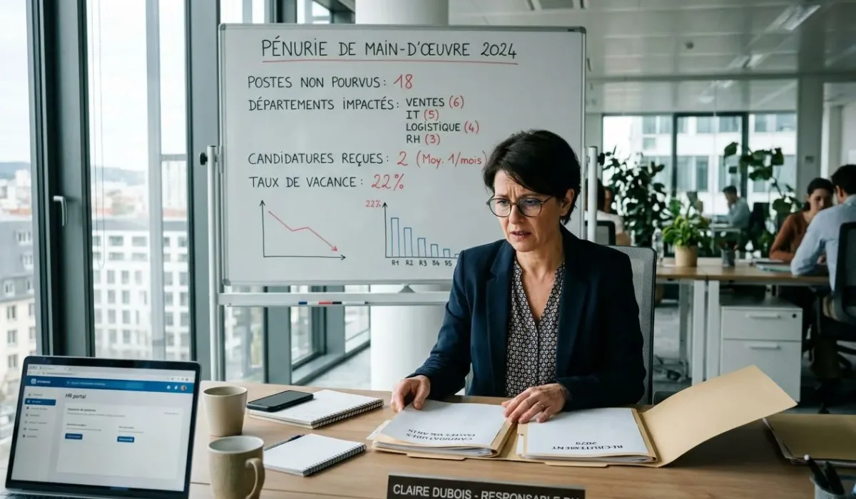Pénurie de main-d'œuvre solution: une responsable RH en bureau moderne consulte des documents devant un tableau blanc affichant les chiffres du manque.