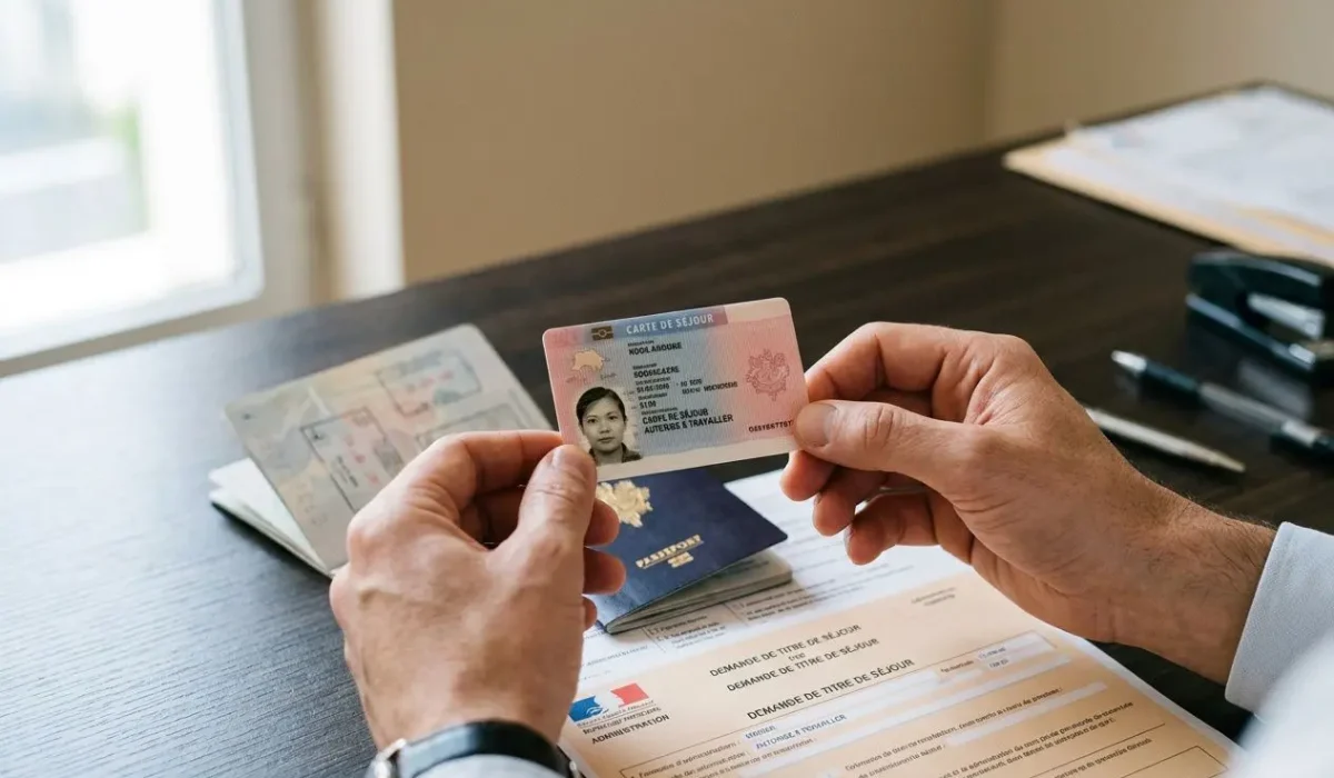 Personne examinant une carte d'identité avec d'autres documents sur le bureau, illustration de démarches administratives pour le recrutement international.