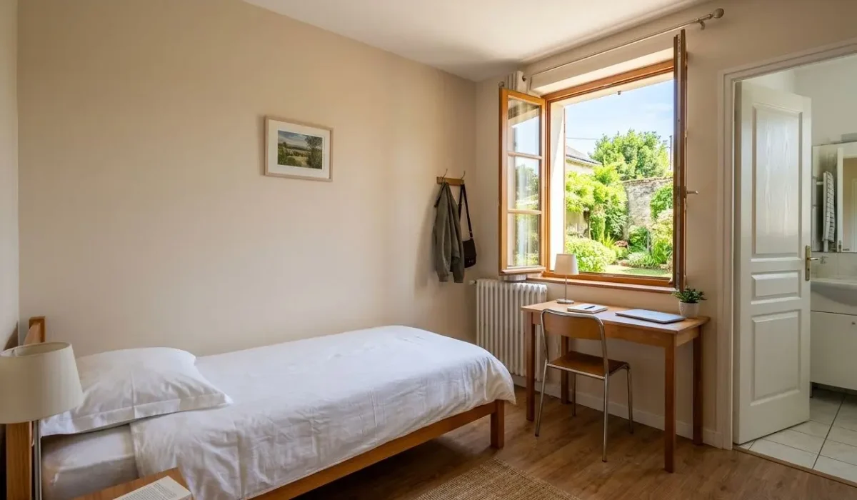 Petite chambre simple avec lit simple, bureau près de la fenêtre et porte donnant sur une salle de bains; décor neutre et lumière naturelle. logement travailleurs détachés france