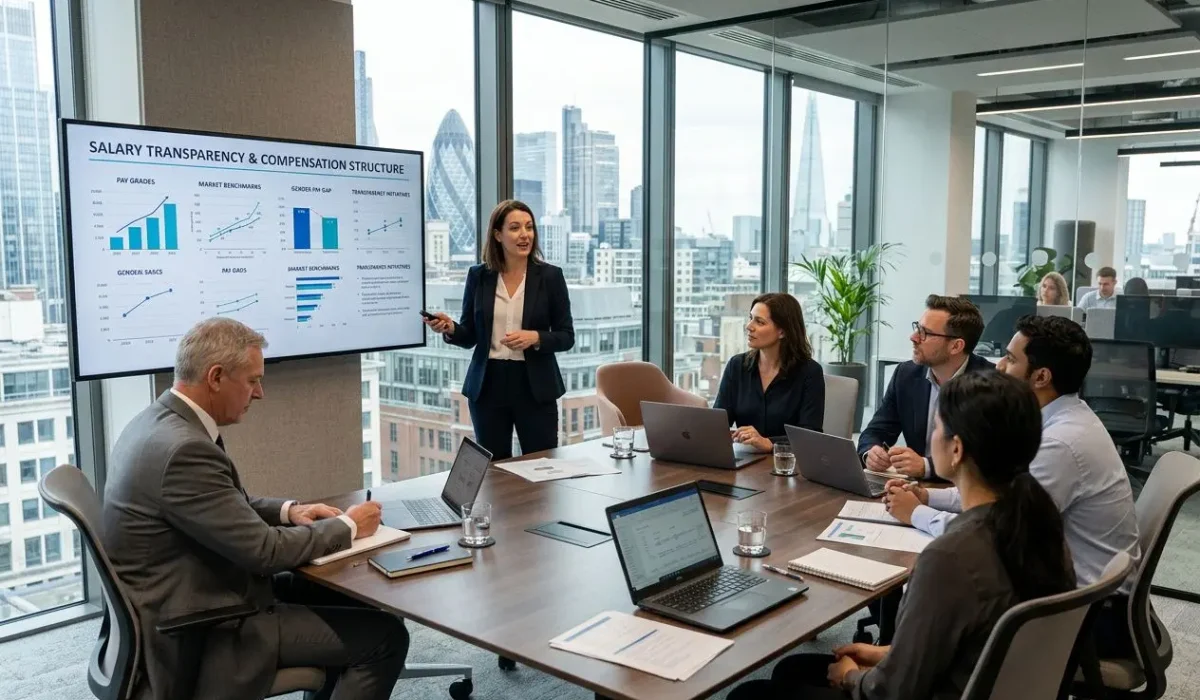Présentation en réunion d’affaires sur la transparence des salaires et la transparence salariale, avec graphiques sur écran et participants autour d’une table.