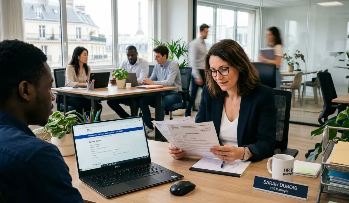 Professionnels en réunion d’accueil et d’intégration, une femme lit des documents à côté d’un salarié en bureau ouvert; un ordinateur portable et des notes sur le desk, ambiance collaborative. Intégration de main d'œuvre étrangère.