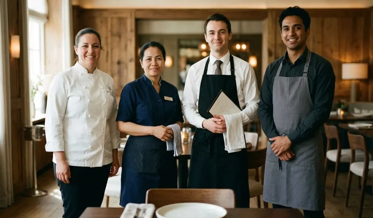 Quatre professionnels en service d’intérim détaché hôtellerie restauration posent dans un restaurant, prêteurs et serveurs souriants autour d’une table.