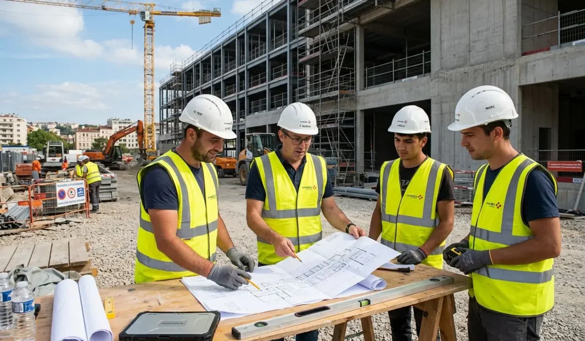 Quatre travailleurs détachés roumains en vests jaune fluo et casques blancs examinent un plan sur un chantier de construction en France.