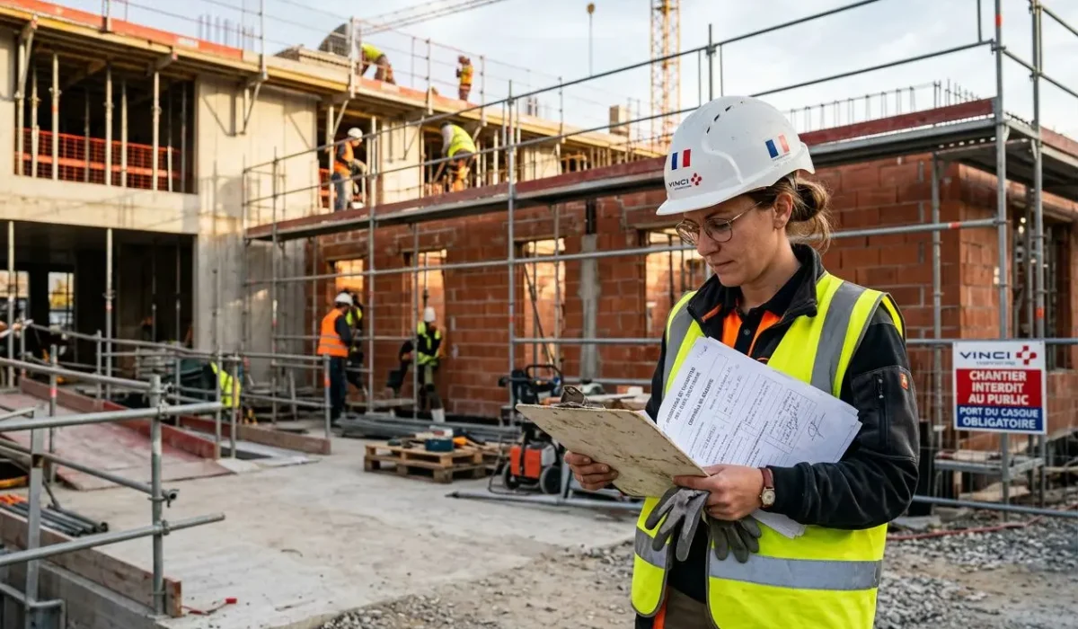 Rapporteur sur chantier en gilet jaune et casque, consultant lit un dossier au milieu de la construction, avec une foule de travailleurs en arrière-plan. salaire minimum travailleur détaché france est évoqué.