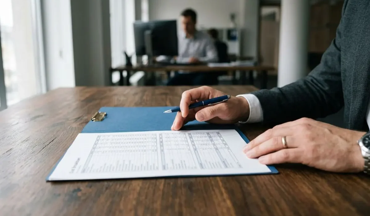 Signature d’un document administratif sur une table en bureau, près d’un ordinateur. co‰t embauche travailleur etranger évoqué.