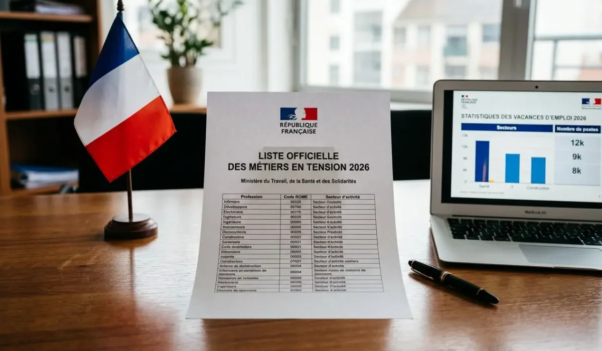 Tableau et ordinateur affichant les métiers en tension en 2026, avec petit drapeau français sur un bureau.