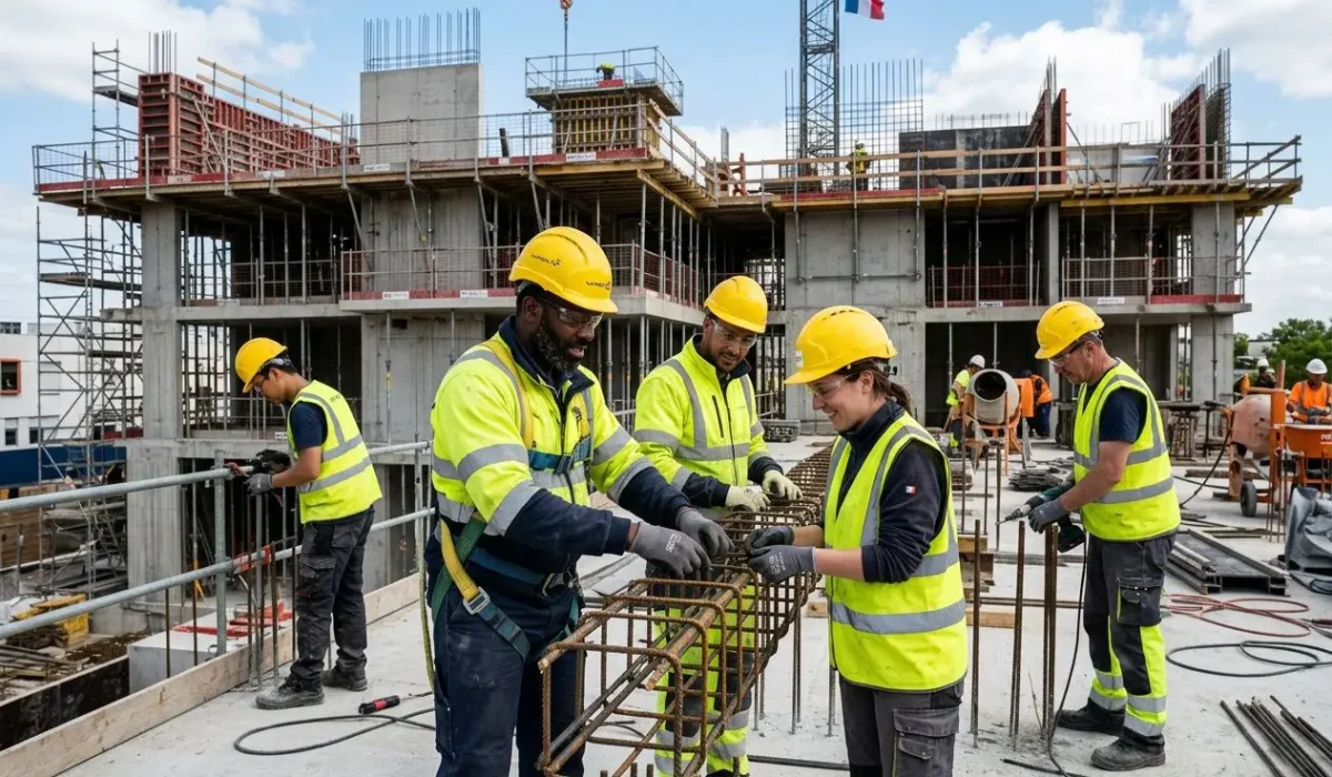 Travailleurs détachés sur un chantier de construction, porteurs de casques jaunes et gilets réfléchissants travaillant ensemble sur des armatures en fer. Directive 2018 travailleurs détachés, rappelant les règles et droits européens.