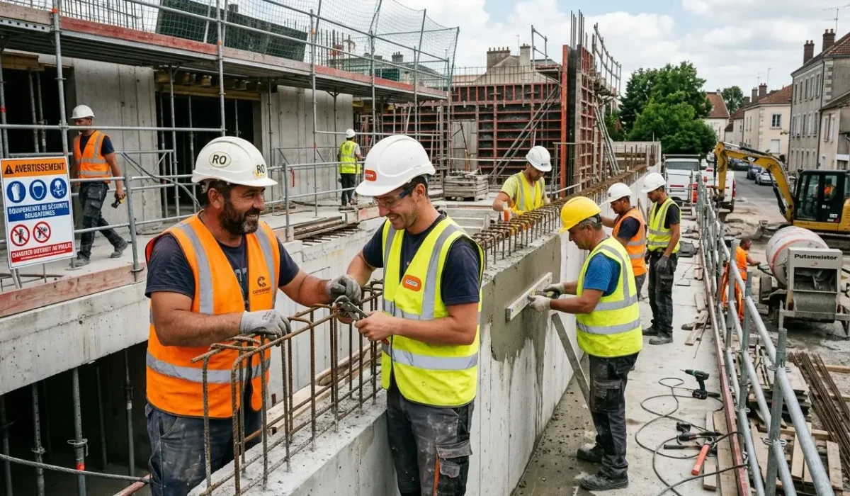 Travailleurs roumains sur un chantier de construction, posant ou ajustant des barres d’armature dans une maçonnerie en cours, avec casques et gilets de sécurité. secteurs emploi travailleurs roumains france.