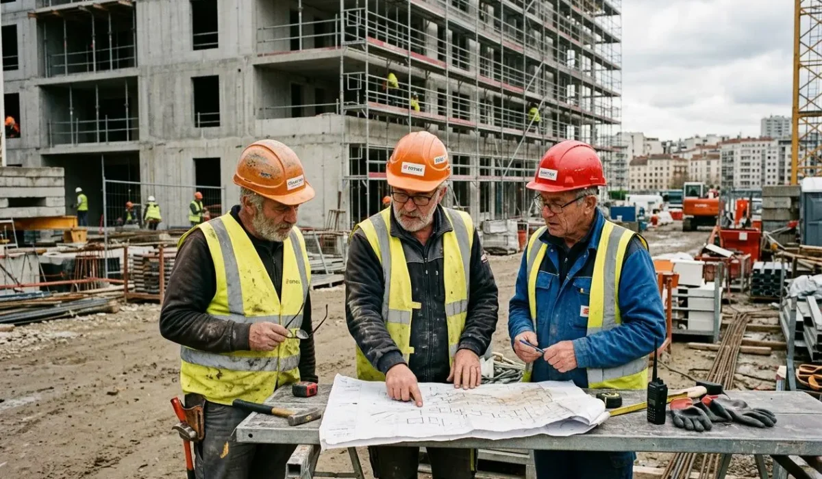 Trois ouvriers sur un chantier de construction examinent des plans à la table, entourés par des bâtiments en construction et des équipements de sécurité. - pénurie de main d'oeuvre pourquoi intégrée.