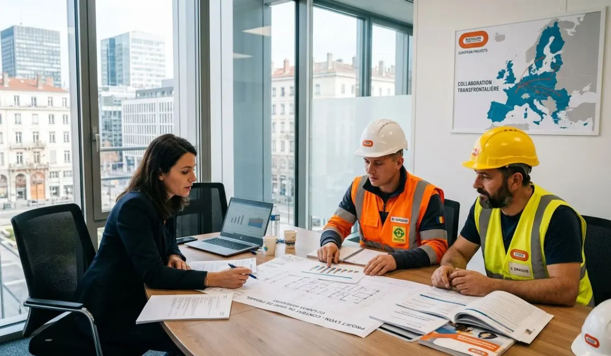 Trois professionnels autour d’une table examinent des documents et plans, dont un affiché sur ordinateur, dans un bureau lumineux. L’un porte casque orange, l’autre jaune; carte et globe sur le mur évoquent l’agence détachement travailleurs européens.