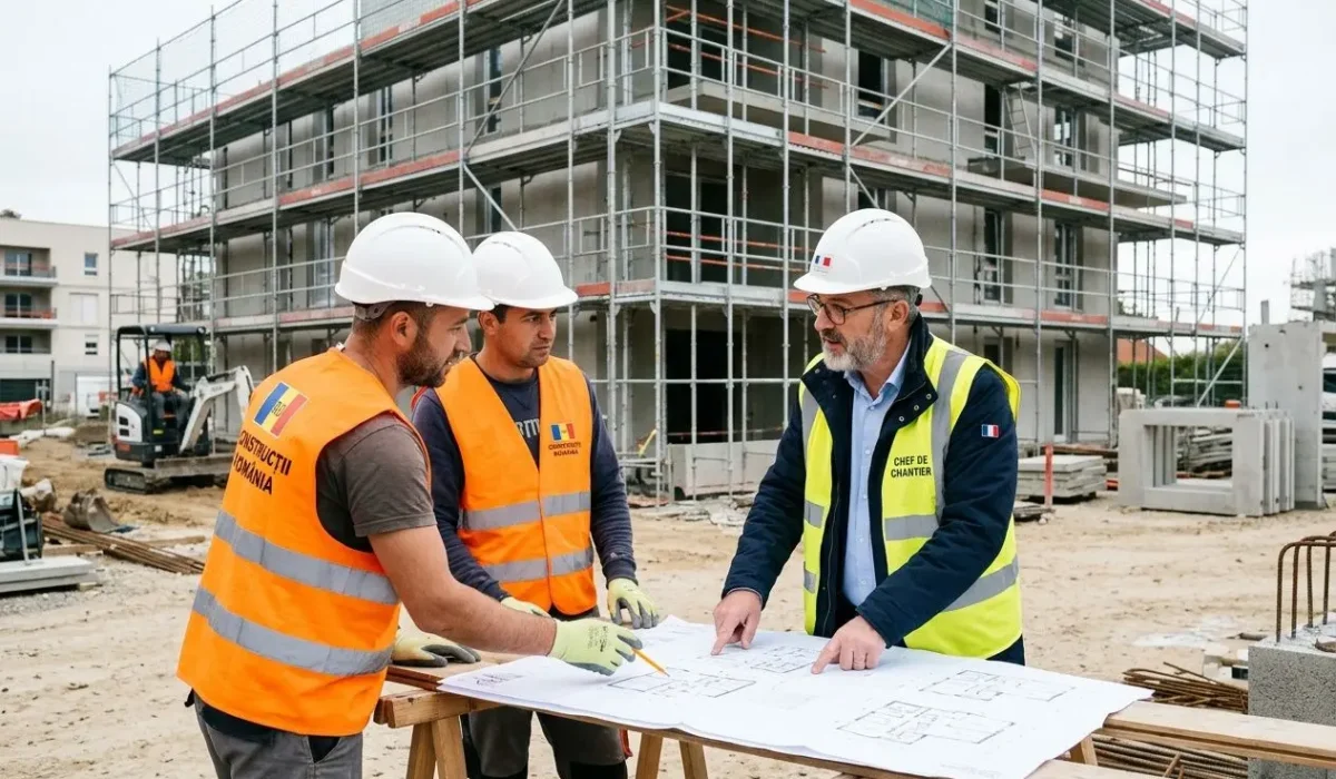 Trois travailleurs portant gilets de sécurité et casques sur un chantier supervisent des plans, bâtiment en construction en arrière-plan. travailleur détaché roumain france
